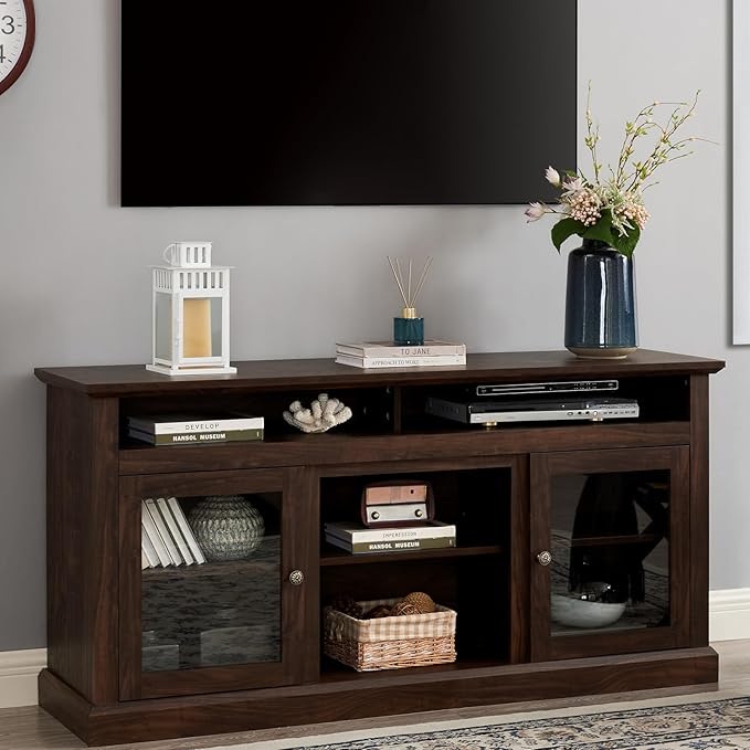 HMFULE 60" Farmhouse TV Stand for 60 65 Inch Television, Entertainment Center with 2 Storage Cabinets Glass Doors & Adjustable Shelves, 29" Tall Media Console Rustic Furniture for Living Room (Brown)