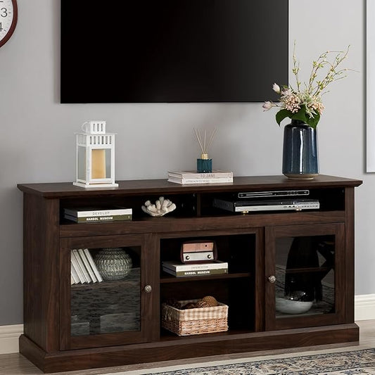 HMFULE 60" Farmhouse TV Stand for 60 65 Inch Television, Entertainment Center with 2 Storage Cabinets Glass Doors & Adjustable Shelves, 29" Tall Media Console Rustic Furniture for Living Room (Brown)
