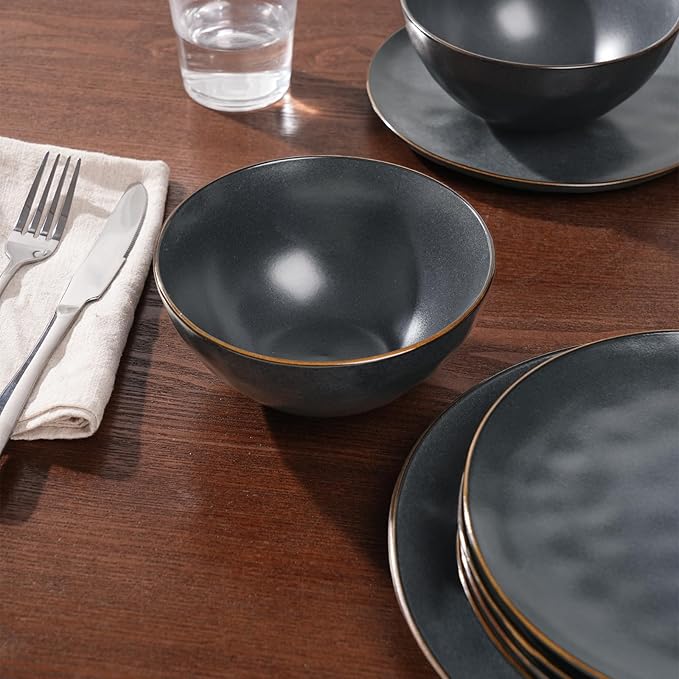 Famiware Dinnerware Sets for 6, Ocean Round 18-Piece Kitchen Plates and Bowls Sets, Microwave and Dishwasher Safe, Scratch Resistant, Matte Black