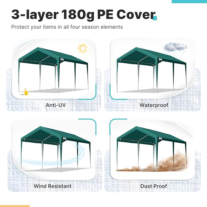 ADVANCE OUTDOOR 10x20 ft Heavy Duty Carport Potable Car Canopy Garage Party Tent Boat Shelter, Adjustable Height, with Leg Cloth, Green