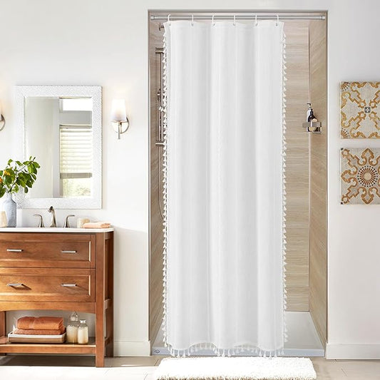 MitoVilla White Boho Farmhouse Small Stall Shower Curtain Set 36 x 72, Half Size Narrow Polyester Linen Fabric Shower Curtains for Farmhouse Bathroom Decor, White