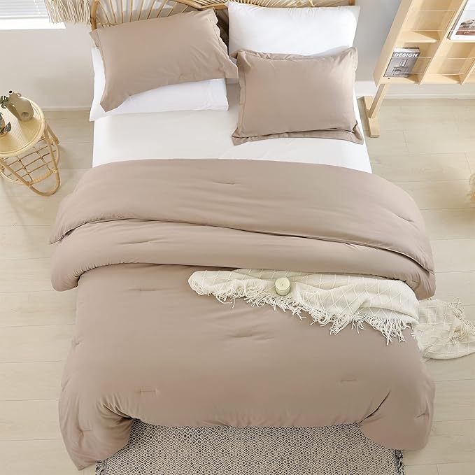 weigelia Queen Comforter Set Taupe Comforter Set 7 Pieces Bed Comforter Set with Fitted Sheets, Flat Sheets, Pillow Shams and Pillowcases for All Season