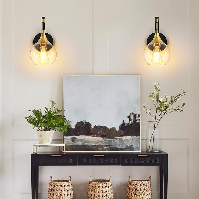 Black and Gold Wall Sconces Set of Two, Modern Wall Sconce Light with Clear Glass Shade,Indoor Wall Light Fixture Wall Lamps for Bedroom, Hallway, Bathroom