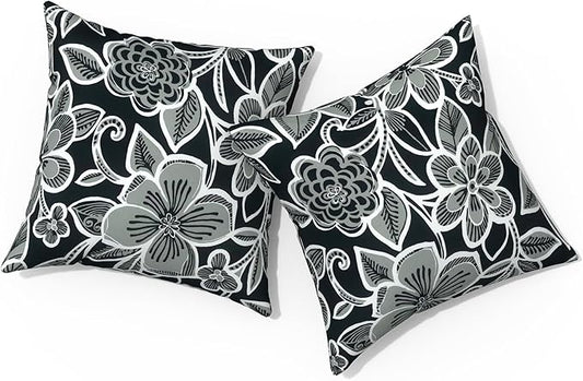 Outdoor Pillows for Patio Furniture 20x20 inch, Square Outdoor Throw Pillows with Inserts, Decorative Patio Pillows for Garden Couch Home Sofa Office Chair, Pack of 2,Flower Black