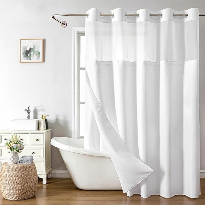 Long No Hooks Needed Linen Textured Shower Curtain with Snap-in Fabric Liner Set,White Hotel Luxury Decor Shower Curtains for Bathroom,Waterproof & Washable,71Wx80H