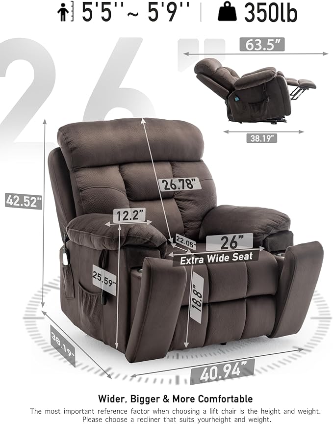Large Power Lift Chairs Recliners for Elderly with Heated and Massage, Lazy Boy Recliner Chair with 26in Extra Wide Seat, Hidden Cup Holder, Side Pocket