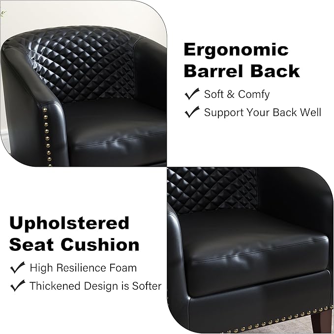 Accent Barrel Chair, Upholstered Faux Leather Club Chair with Nailed Trim, Comfy Reading Armchair for Living Room Bedroom Reception Room Office (Black, Set of 4)