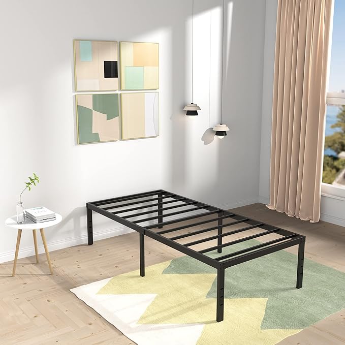 18 Inch Twin Bed Frame Heavy Duty No Box Spring Needed Metal Platform with Maximum Storage, Easy Assembly, Noise Free, Black