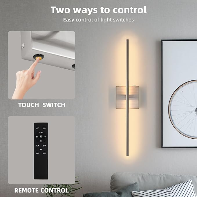 Battery Operated Wall Sconces, Modern Brushed Nickel Rechargeable Wall Sconce with Remote Control, 3000K-6000K Dimmable LED Wireless Wall Light for Living Room Bedroom Hallway 23.6 Inchs(1 Pack)