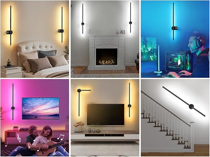 23.6 Inch Battery Operated Wall Sconce, 12000mAh Rechargeable Wall Sconce with Remote Control, Dimmable LED Wireless Wall Light for Bedroom, Living Room, 15 Colors, 180° Rotate, Black, 1 Pack