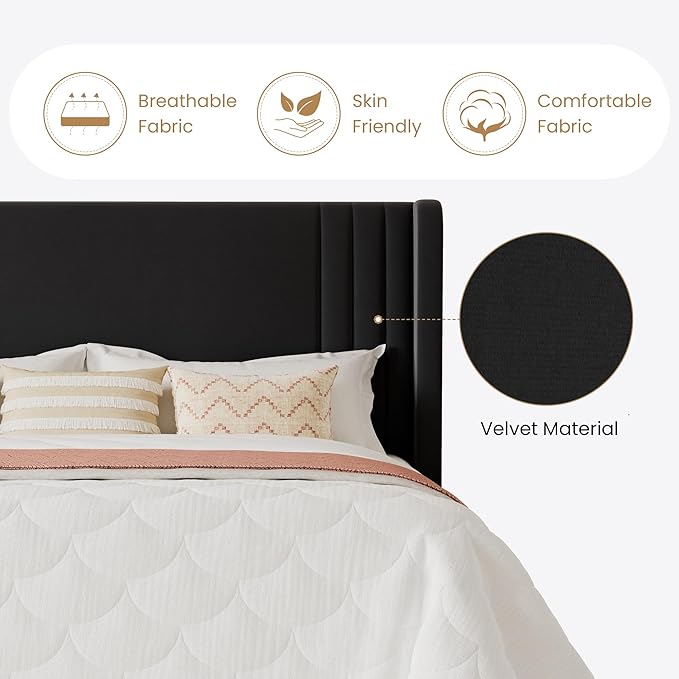 SHA CERLIN Full Size Velvet Upholstered Platform Bed Frame with Vertical Channel Tufted Wingback Headboard, Wooden Slats Support, Easy Assembly, Under Bed Storage, No Box Spring Required, Black