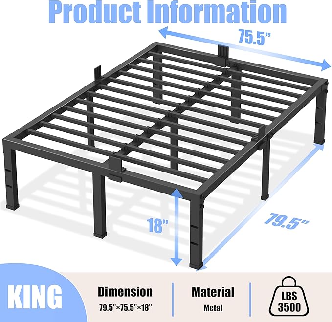 King Size Bed Frames 18 inch High 3500 lbs Heavy Duty Metal Platform, Mattress Foundation with Steel Slat Support/No Box Spring Needed/Noise Free/Non-Slip/Easy Assembly