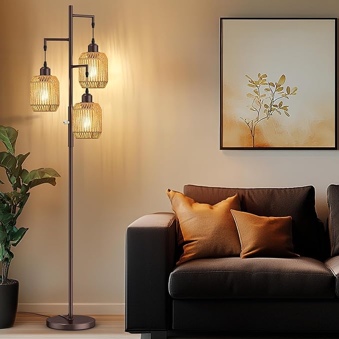 ROTTOGOON Dimmable Boho Floor Lamp - 3 Light Farmhouse Rattan Floor Lamp for Living Room, Industrial Tree Floor Lamps with 3 X 6W LED Bulbs, Rustic Standing Tall Lamp for Bedroom, Office, 68", ORB