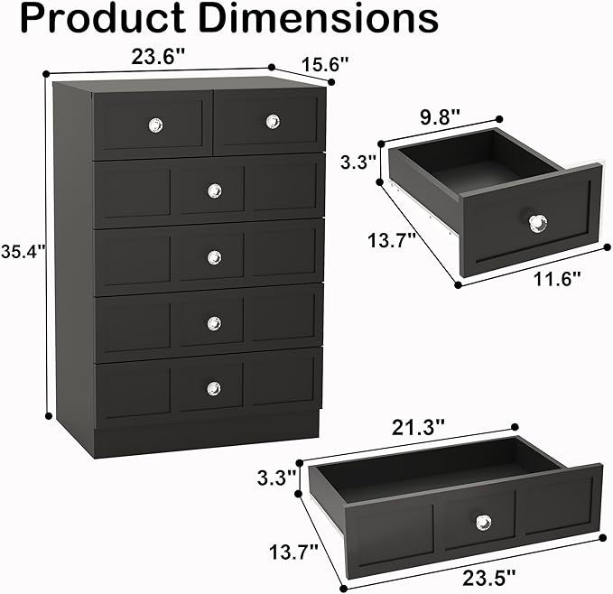 6 Drawer Dresser for Bedroom: 24" Fluted Black Dresser Deep Drawers, Modern Chest of Drawers for Bedroom, Fluted Wood Dressers for Living Room, Hallway
