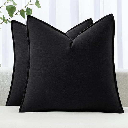 MIULEE Decorative Linen Euro Sham Pillow Covers 24x24 Black Boho Farmhouse Neutral Couch Throw Pillows for Halloween Bed Pack of 2 Accent Modern Pillowcase Sofa Livingroom Home Decor