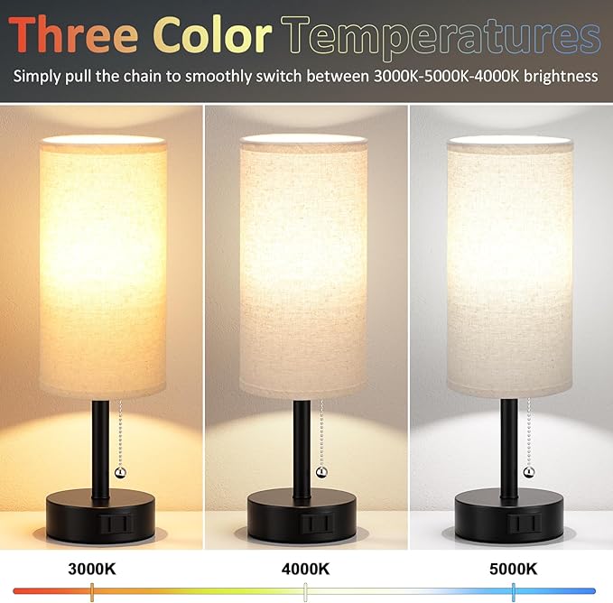 Bedside Table Lamps Set of 2-3 Color Temperatures Pull Chain Lamp with AC Outlet Charging Port, Round Night Stand Lamps for Bedroom Guest Room Office, Small Bed Side Light with E26 LED Bulbs