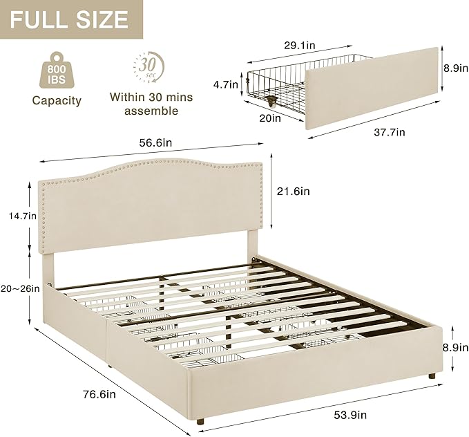 VECELO Full Bed Frame, Platform Bed Frame with Underbed Storage Drawers and Adjustable Height Upholstered Headboard, Heavy-Duty Frame and Strong Wooden Slats Support, Noise-Free, Easy Assembly, Beige