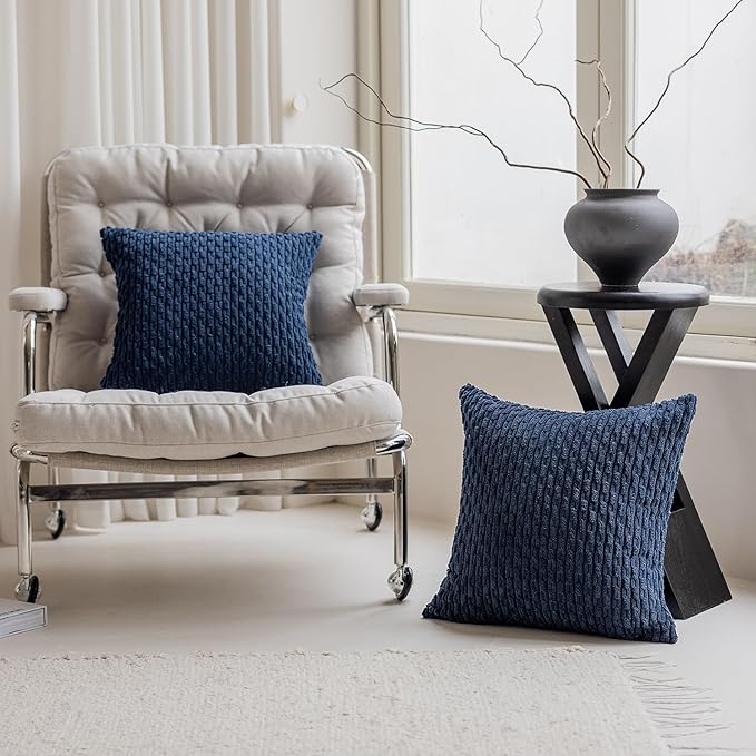 Kevin Textile Set of 2 Decorative Pillow Cover Solid Striped Corduroy Plush Velvet Cushion Cover for Couch 50cm 20 x 20 Inch Navy Blue