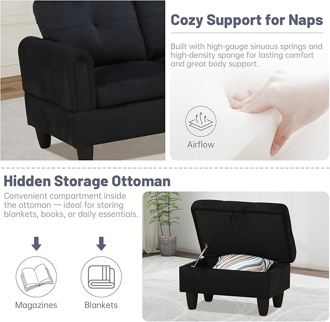 L-Shape 3-Piece Cloud Sofa, Couch for Living Room, BlackFlannel Fabric L-Shape with Reversible Chaise & Storage Ottoman, Ergonomic 110–115° Recline, Solid-Wood Frame