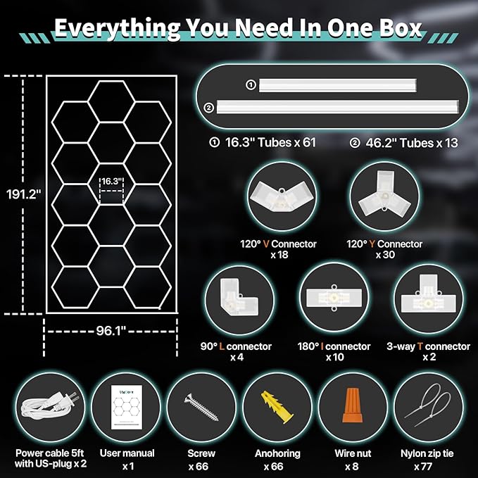 Hexagon Garage Lights, 15 Grids LED Garage Hexagon Lights with Rectangle Frame, 6500K Super Bright Honeycomb Lights Ceiling for Garage, Warehouse, Car Detailing Shop, Exhibition Hall, Gym