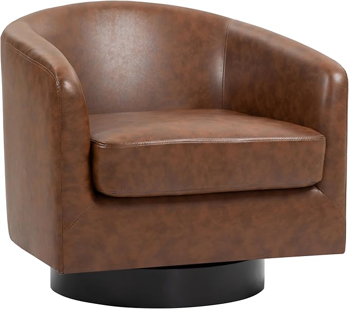 UIXE 360° Swivel Barrel Accent Chair Armchair, PU Leather Round Club Arm Chair for Lving Room, Modern Upholstered Small Bedroom Single Sofa Seat - Coffee Brown, Set of 2