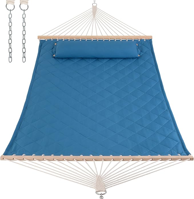 ANOW Quilted Hammock with Spreader Bars and Detachable Pillow, Large Hammock for Outdoors Indoors, 450 LBS Weight Capacity, Blue