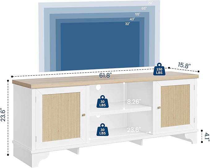 GAOMON Rattan TV Stand Fits TVs Up to 70 Inches, Farmhouse Entertainment Center with Cabinets and Open Shelves, Wooden Media Console Table for Living Room, White