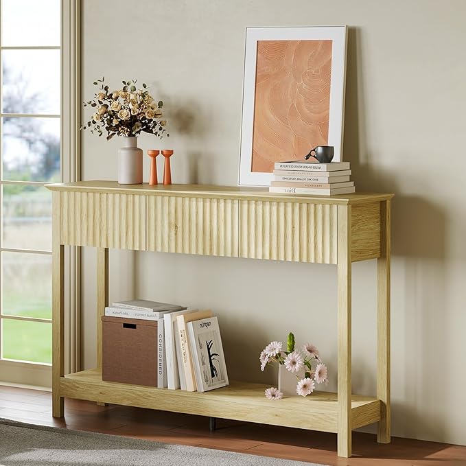 Treocho 47" Fluted Console Table with 3 Drawers, Narrow Long Entryway Table with Storage and Shelf, 2-Tier Sofa Table Behind Couch Accent Tables for Entrance Foyer, Hallway, Living Room, Oak