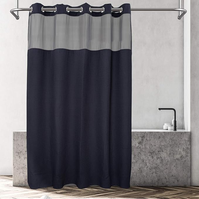 River Dream Navy Blue Fabric Shower Curtain Set, Cotton Blend, Waffle Weave, with Snap in Replacement Liner，71 x 86 inches