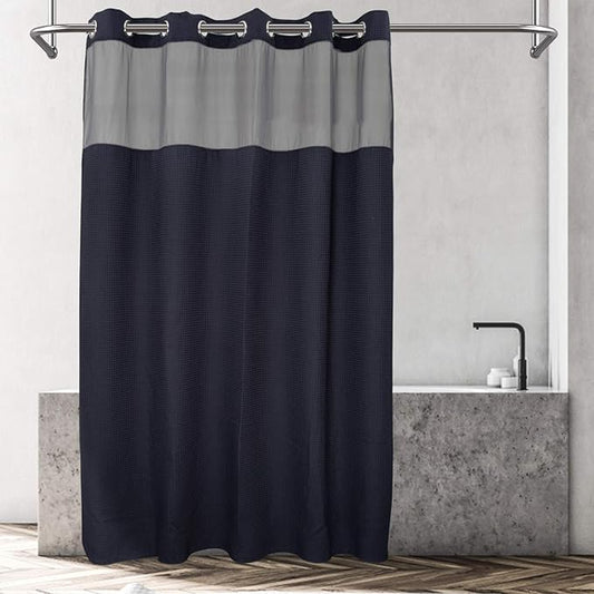 River Dream Navy Blue Fabric Shower Curtain Set, Cotton Blend, Waffle Weave, with Snap in Replacement Liner，71 x 86 inches