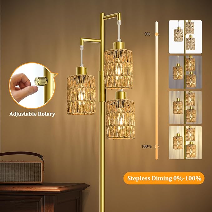 Oneach 70" Floor Lamps for Living Room, Stepless Dimmable Boho Floor Lamp with 3 Bulbs, Tall Farmhouse Industrial Corner Standing Tree Lamp for Bedroom, Office, Study Room, Dining Room, Gold