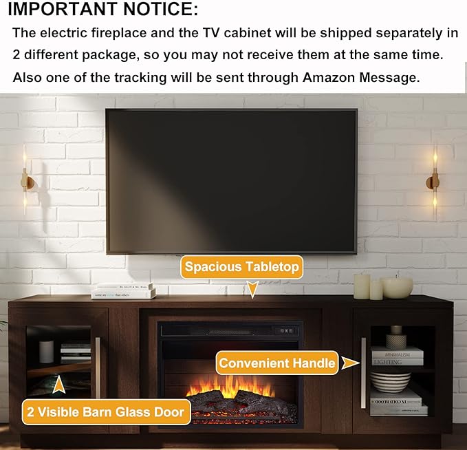 Cheerway 3D Fireplace TV Stand for TVs up to 80’’, Wooden Media Entertainment Center Table & TV Cabinets w/Storage Shelves & Barn Door, Electric Fireplace w/Remote Control