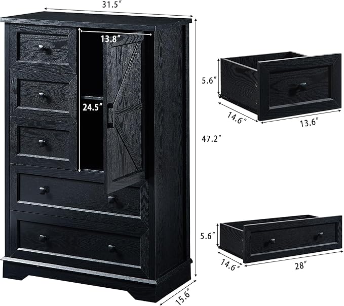 SOOWERY Dresser for Bedroom, Farmhouse Dresser with 5 Wooden Drawers and Storage Cabinet, 48 Inches Tall Chest of Drawers for Bedroom, Living Room, Hallway, Black