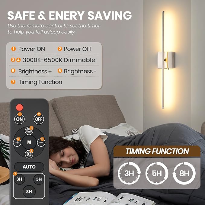 Wireless Battery Operated Wall Sconces, 11000mAh Rechargeable Brushed Nickel Wall Light with Remote Control, 350°Rotate Dimmable Wall Lamp, 3 Color Temperatures, for Bedroom Living Room Hallway, 1 PCS