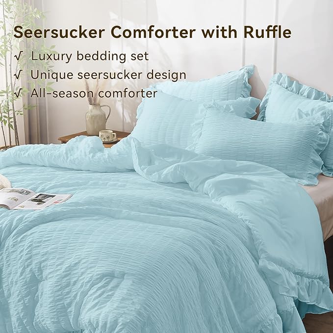 JOLLYVOGUE Blue Twin Size Comforter Set, 2 Pieces Seersucker Lightweight Fluffy Bedding Set, Twin Ruffle Comforter, All Season Soft Microfiber Shabby Chic Bed Set