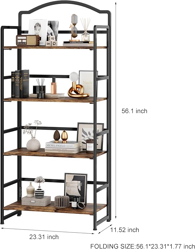 JSB No Assembly Folding Bookshelf, 4 Tier Book Shelf for Storage, Vintage Wood Foldable Bookcase for Living Room, Bedroom, Office Organization Shelves