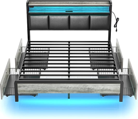 Rolanstar Bed Frame Full Size with Charging Station and LED Lights, Upholstered Storage Headboard with Drawers, Heavy Duty Metal Slats, No Box Spring Needed, Easy Assembly, Vintage Grey and Black