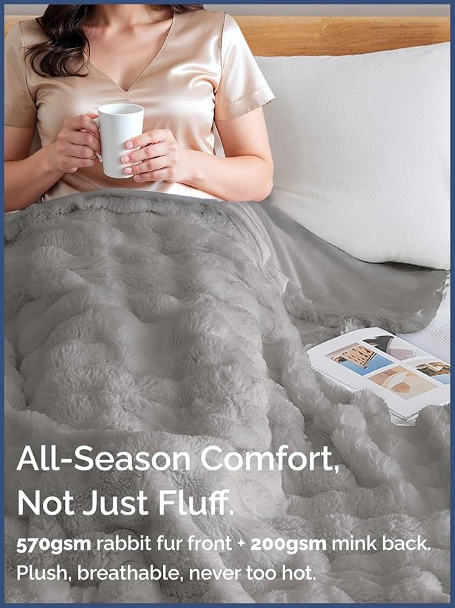 Fluffy Throw Blanket Twin Size - Faux Fur Throw for Couch or Bed - Ultra Plush Soft Extra Thick Faux Fur Rabbit Blanket - Comfy, Warm and Breathable - Luxury Minky Tie Dye Bedding - 60" x 80", Grey