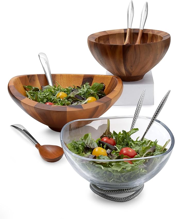 Nambé Butterfly Salad Bowl with Servers, 16-Inch Acacia Wood Bowl with 14-Inch Alloy Servers, Modern Table Centerpiece for Entertaining, Dining & Kitchen Serveware, Wood & Metal Design