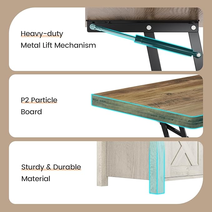 SEDETA Lift Top Coffee Table, 4 in 1 Multi-Function Convertible Coffee Tables with Storage and Hidden Compartment, Farmhouse Coffee Table Converts to Dining Table for Living Room, Brown Top