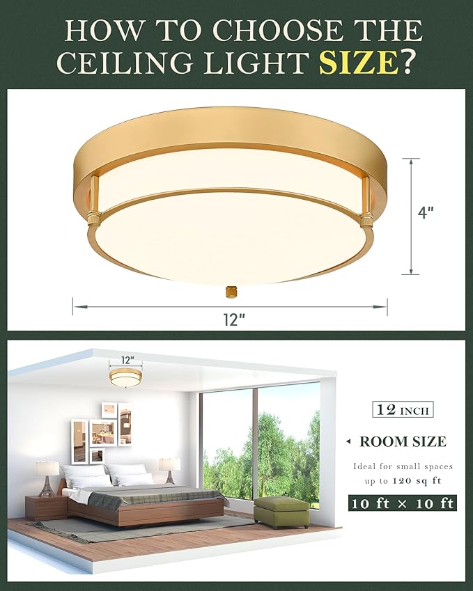 Flush Mount Light Fixture, 12 inch 2-Light Modern Ceiling Light with Brass Gold Finish for Hallway Kitchen Laundry Bedroom, 4822-BB