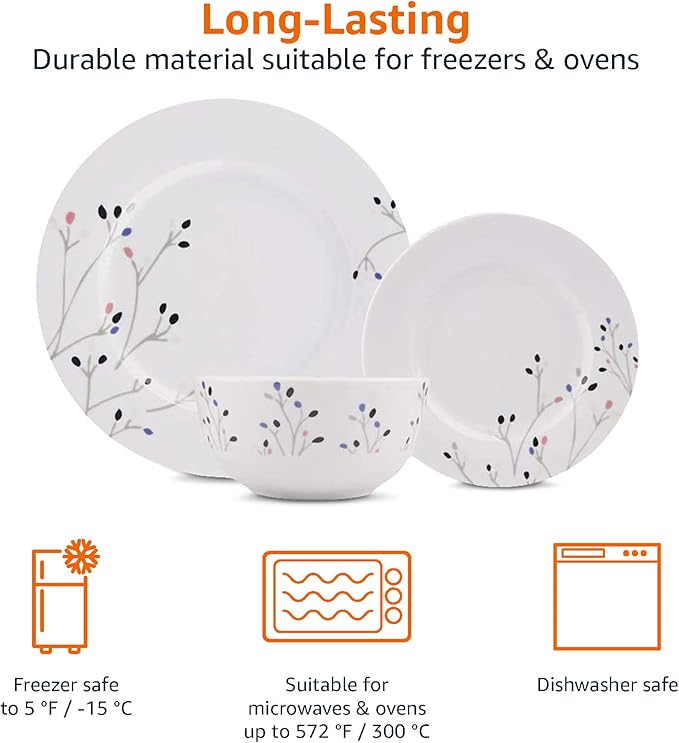 Amazon Basics Dinnerware Set, Microwave and Dishwasher Safe, Service for 6, 18-Piece Complete Kitchen, Plates, Dishes, Bowls, Branches