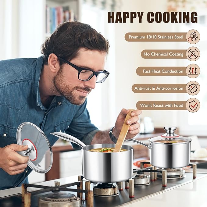 E-far Stainless Steel Saucepan Set - 2Qt & 3 Qt, Triply Sauce Pan Pot with Lid for Cooking Pasta Warming Milk Boiling Water, Small Metal Cookware for Kitchen, Induction Ready & Heavy Duty