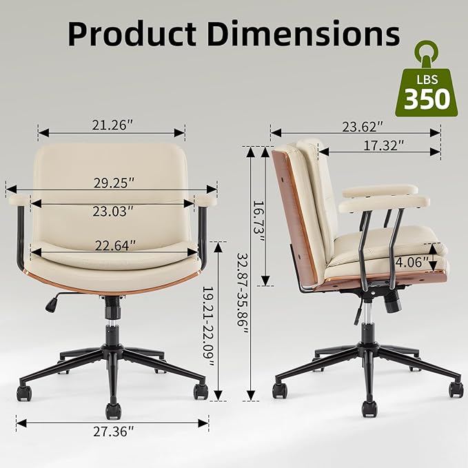 Criss Cross Chair with Armrests & Wheels, PU Leather Adjustable Swivel Walnut Task Chair with Wide Seat, Ergonomic Mid Back Computer Office Desk Chairs for Meeting Room, Home
