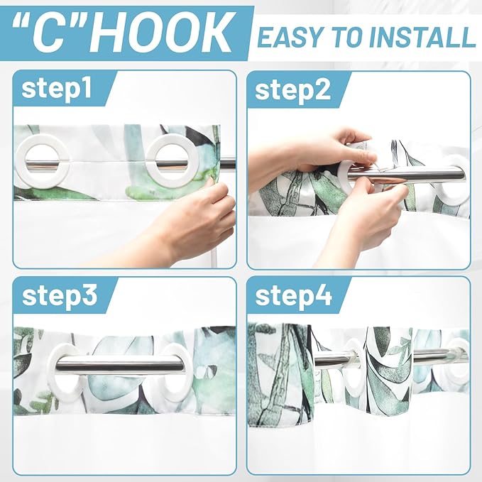 No Hook Shower Curtain with Snap in Liner - Fabric Waterproof Inner Liner, Plants Watercolor Green Eucalyptus Leaves Farmhouse Cloth Shower Curtains - Machine Washable, 71 x 74 Inch