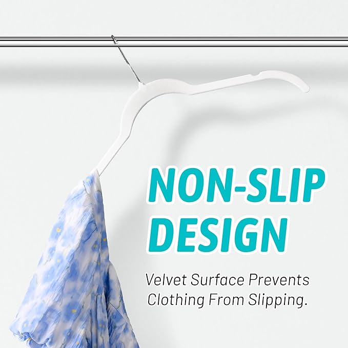 Premium Velvet Shirt Hangers 50 Pack, Non-Slip 360° Swivel Hook Slim Felt Hanger, Space Saving Flocked Hangers for Tank Tops, Blouses, Strappy Dresses(White)