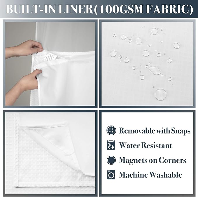 N&Y HOME Extra Long Waffle Weave Shower Curtain with Snap-in Fabric Liner Set, 12 White Hooks Included - 71" x 84", Hotel Style & Mesh Top, Machine Washable & Water-Repellent - 71x84, White