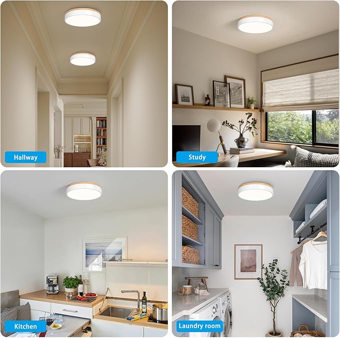 Modern Dimmable LED Close to Ceiling Light Minimalist Wood Oak Flush Mount Ceiling Light Fixture with Lampshade for Bedroom Living Room Bathroom Laundry Room (White-Dimmable, 11.8''/30cm)