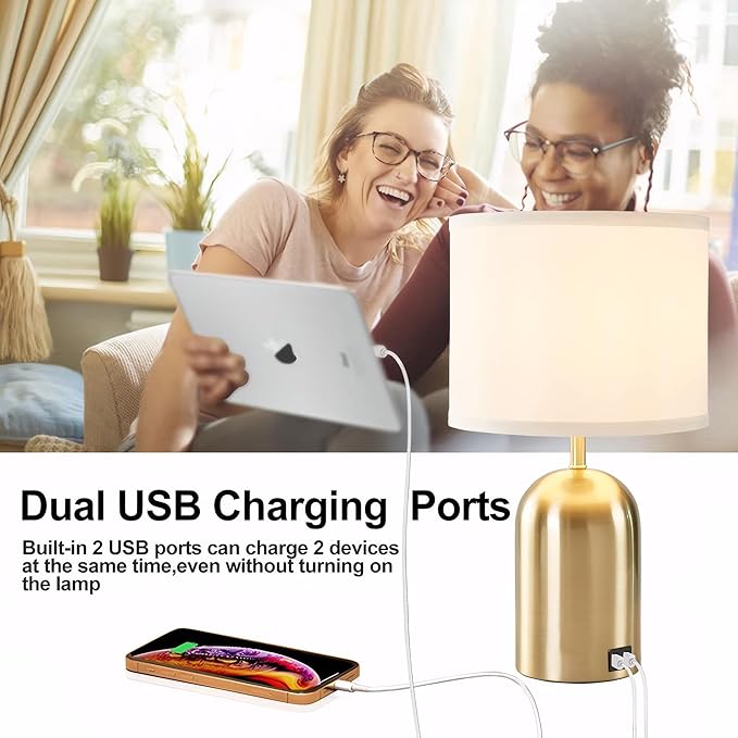 GyroVu Bedside Lamp with USB Port, Touch Control Table Lamp for Bedroom 3 Way Dimmable Modern Nightstand Lamp with Fabric Shade Gold Base for Living Room, Dorm, Home Office, LED Bulb Included