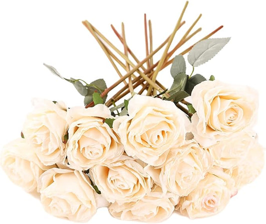 Kimura's Cabin 12pcs Lifelike Faux White Roses Artificial Plastic Silk Rose Long Stem Fake Roses Bouquet for Valentines Day Home Centerpiece Wedding Party DIY Decoration (White)